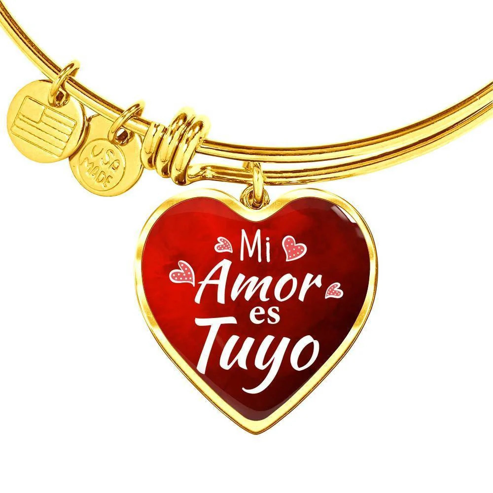 Spanish My Love Is Yours Personalized Engraved Gold Heart Bangle Bracelet Cust